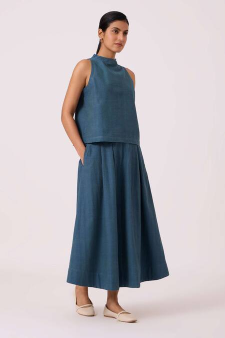 The Summer House_Blue Handloom Cotton High Neck Ernest Handwoven Cropped Top _Online_at_Aza_Fashions