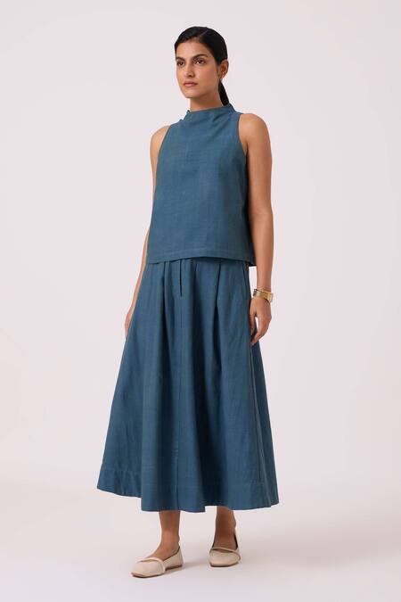 Buy_The Summer House_Blue Handloom Cotton High Neck Ernest Handwoven Cropped Top _Online_at_Aza_Fashions