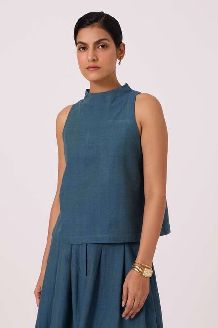 Shop_The Summer House_Blue Handloom Cotton High Neck Ernest Handwoven Cropped Top _Online_at_Aza_Fashions