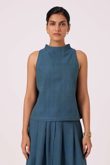 The Summer House_Blue Handloom Cotton High Neck Ernest Handwoven Cropped Top _at_Aza_Fashions