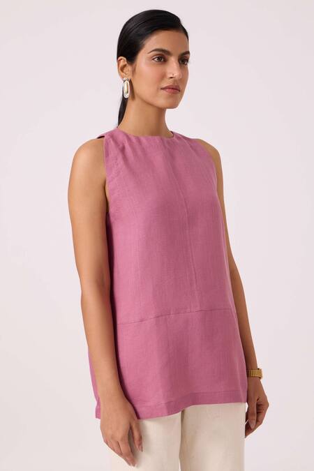 The Summer House_Purple Linen Round Neck Eyre Lilac Top _Online_at_Aza_Fashions