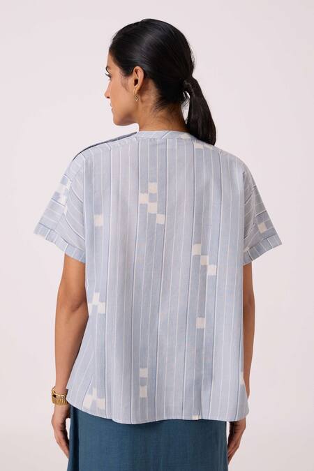 Shop The Summer House Blue Handloom Cotton Collared Garcia Ikat Top at Aza Fashions Shop_The Summer House_Blue Handloom Cotton Collared Garcia Ikat Top _at_Aza_Fashions