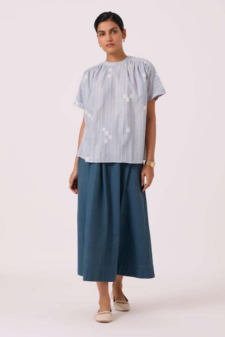 The Summer House Blue Handloom Cotton Collared Garcia Ikat Top Online at Aza Fashions The Summer House_Blue Handloom Cotton Collared Garcia Ikat Top _Online_at_Aza_Fashions