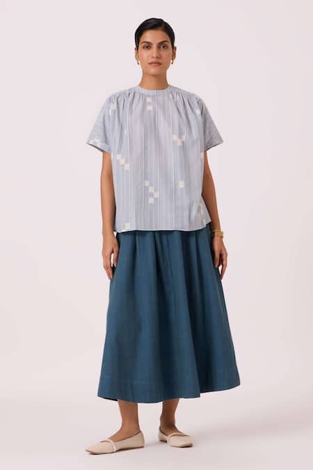 Buy The Summer House Blue Handloom Cotton Collared Garcia Ikat Top Online at Aza Fashions Buy_The Summer House_Blue Handloom Cotton Collared Garcia Ikat Top _Online_at_Aza_Fashions