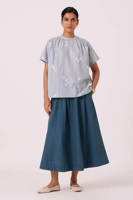 Shop The Summer House Blue Handloom Cotton Collared Garcia Ikat Top Online at Aza Fashions Shop_The Summer House_Blue Handloom Cotton Collared Garcia Ikat Top _Online_at_Aza_Fashions