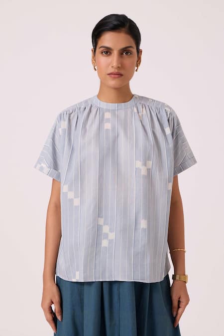 The Summer House Blue Handloom Cotton Collared Garcia Ikat Top