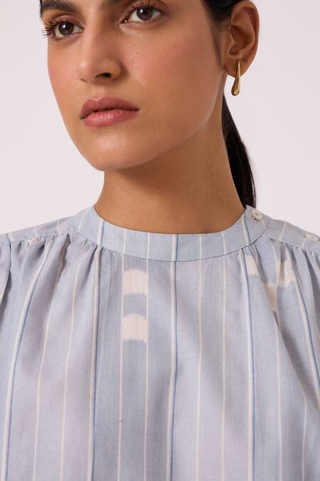 The Summer House Blue Handloom Cotton Collared Garcia Ikat Top at Aza Fashions The Summer House_Blue Handloom Cotton Collared Garcia Ikat Top _at_Aza_Fashions