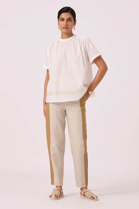 The Summer House_Off White Handloom Cotton Applique Round Neck Garcia Handwoven Embroidered Top _Online_at_Aza_Fashions