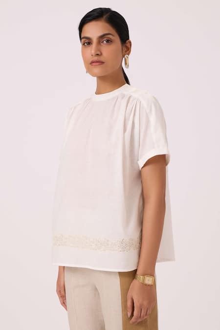 Buy_The Summer House_Off White Handloom Cotton Applique Round Neck Garcia Handwoven Embroidered Top _Online_at_Aza_Fashions
