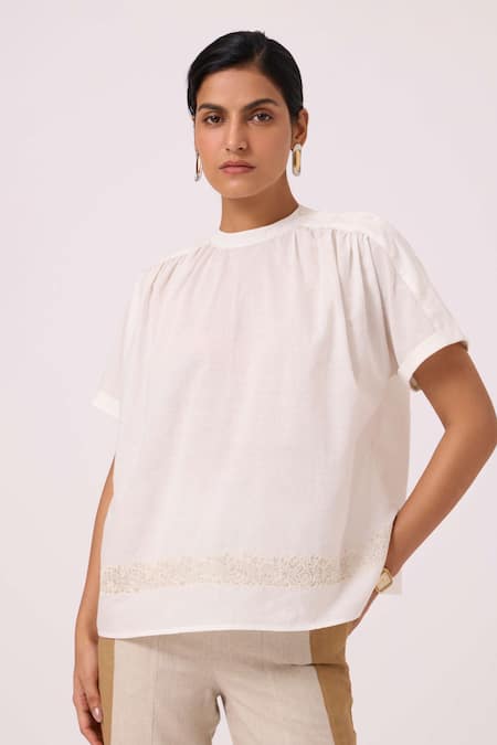 The Summer House Off White Handloom Cotton Applique Round Neck Garcia Handwoven Embroidered Top