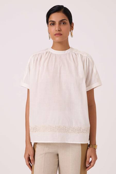 Shop_The Summer House_Off White Handloom Cotton Applique Round Neck Garcia Handwoven Embroidered Top _Online_at_Aza_Fashions