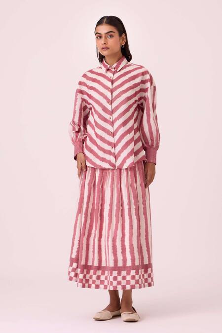 The Summer House Pink Handloom Cotton Collared Henry Rhubarb Striped Ikat Shirt Online at Aza Fashions The Summer House_Pink Handloom Cotton Collared Henry Rhubarb Striped Ikat Shirt _Online_at_Aza_Fashions