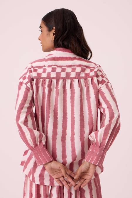 Shop The Summer House Pink Handloom Cotton Collared Henry Rhubarb Striped Ikat Shirt at Aza Fashions Shop_The Summer House_Pink Handloom Cotton Collared Henry Rhubarb Striped Ikat Shirt _at_Aza_Fashions