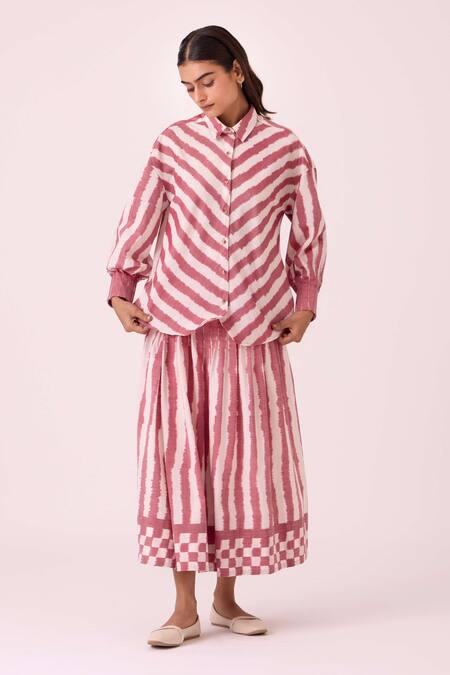 Buy The Summer House Pink Handloom Cotton Collared Henry Rhubarb Striped Ikat Shirt Online at Aza Fashions Buy_The Summer House_Pink Handloom Cotton Collared Henry Rhubarb Striped Ikat Shirt _Online_at_Aza_Fashions