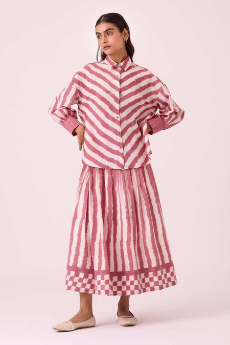 Shop The Summer House Pink Handloom Cotton Collared Henry Rhubarb Striped Ikat Shirt Online at Aza Fashions Shop_The Summer House_Pink Handloom Cotton Collared Henry Rhubarb Striped Ikat Shirt _Online_at_Aza_Fashions