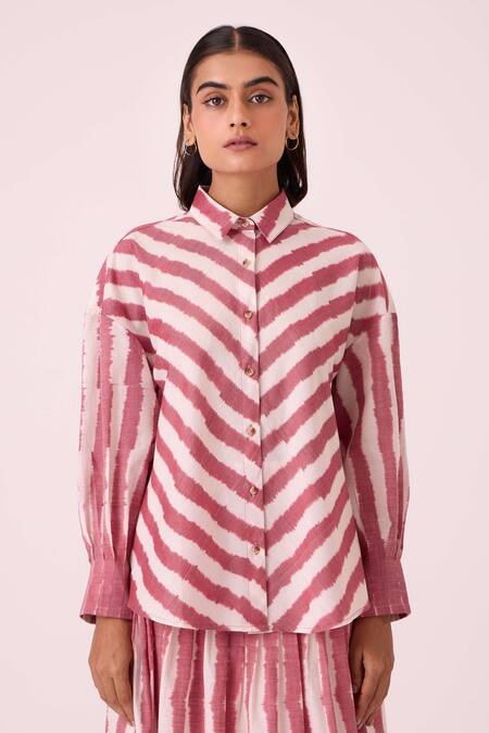 The Summer House Pink Handloom Cotton Collared Henry Rhubarb Striped Ikat Shirt at Aza Fashions The Summer House_Pink Handloom Cotton Collared Henry Rhubarb Striped Ikat Shirt _at_Aza_Fashions