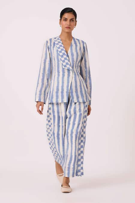 Shop The Summer House Blue Cotton Ivan Striped Ikat Pant at Aza Fashions Shop_The Summer House_Blue Cotton Ivan Striped Ikat Pant _at_Aza_Fashions