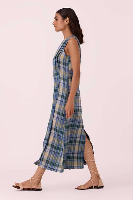 The Summer House Blue Cotton Crew Neck Julia Handwoven Dress Online at Aza Fashions The Summer House_Blue Cotton Crew Neck Julia Handwoven Dress _Online_at_Aza_Fashions