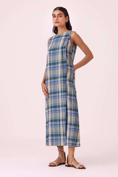 Buy The Summer House Blue Cotton Crew Neck Julia Handwoven Dress Online at Aza Fashions Buy_The Summer House_Blue Cotton Crew Neck Julia Handwoven Dress _Online_at_Aza_Fashions