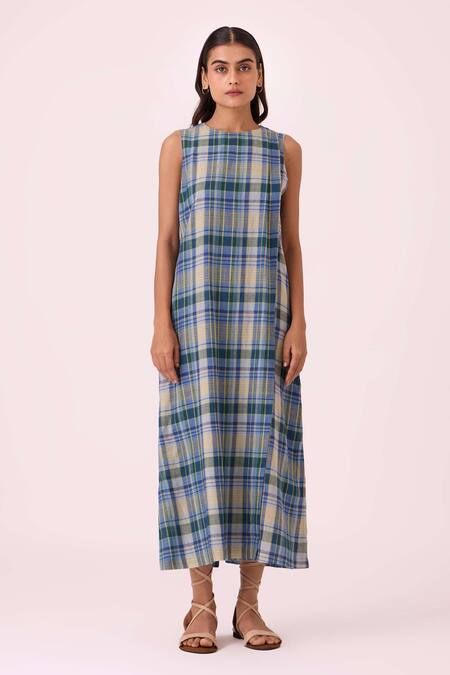 Shop The Summer House Blue Cotton Crew Neck Julia Handwoven Dress Online at Aza Fashions Shop_The Summer House_Blue Cotton Crew Neck Julia Handwoven Dress _Online_at_Aza_Fashions