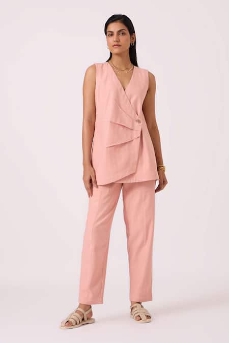 Shop The Summer House Pink Cotton, Twill V-neck Karenin Handwoven Top at Aza Fashions Shop_The Summer House_Pink Cotton, Twill V-neck Karenin Handwoven Top _at_Aza_Fashions