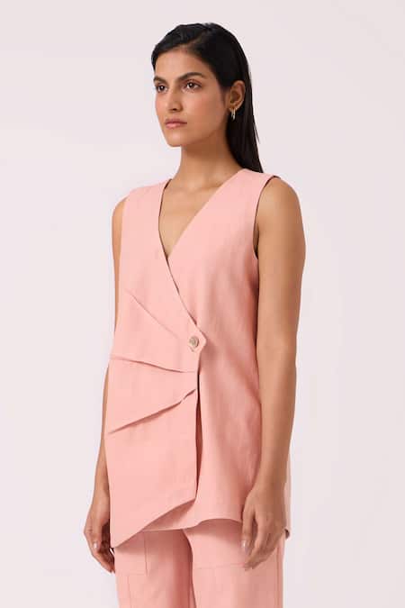 Shop The Summer House Pink Cotton, Twill V-neck Karenin Handwoven Top Online at Aza Fashions Shop_The Summer House_Pink Cotton, Twill V-neck Karenin Handwoven Top _Online_at_Aza_Fashions