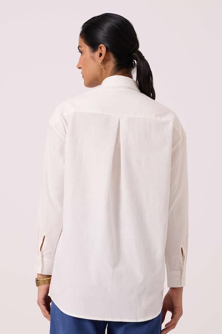 Shop The Summer House Off White Handloom Cotton Embroidery Collared Kerouac Handwoven Shirt at Aza Fashions Shop_The Summer House_Off White Handloom Cotton Embroidery Collared Kerouac Handwoven Shirt _at_Aza_Fashions
