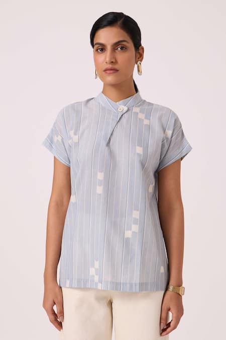 Shop The Summer House Blue Handloom Cotton Collared Kitty Ikat Top Online at Aza Fashions Shop_The Summer House_Blue Handloom Cotton Collared Kitty Ikat Top _Online_at_Aza_Fashions