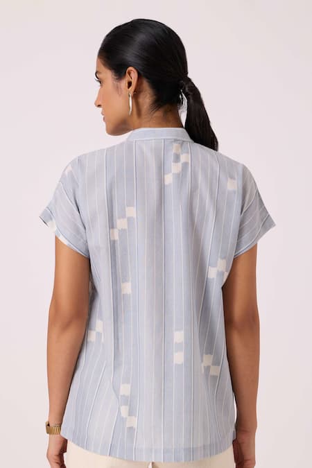 Shop The Summer House Blue Handloom Cotton Collared Kitty Ikat Top at Aza Fashions Shop_The Summer House_Blue Handloom Cotton Collared Kitty Ikat Top _at_Aza_Fashions