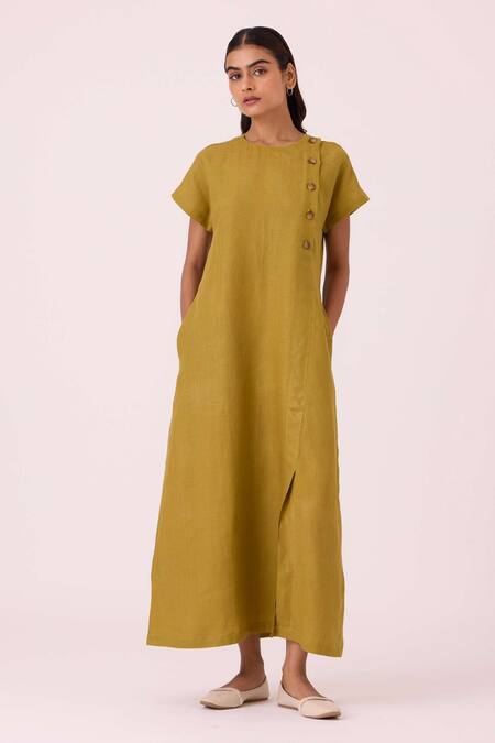 Buy_The Summer House_Olive Green Linen Round Neck Liza Dress _Online_at_Aza_Fashions