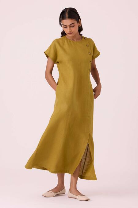 Shop_The Summer House_Olive Green Linen Round Neck Liza Dress _Online_at_Aza_Fashions