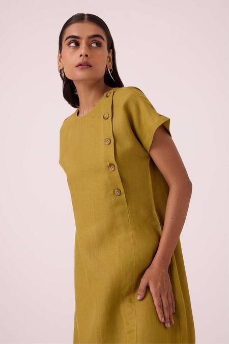 The Summer House_Olive Green Linen Round Neck Liza Dress _at_Aza_Fashions