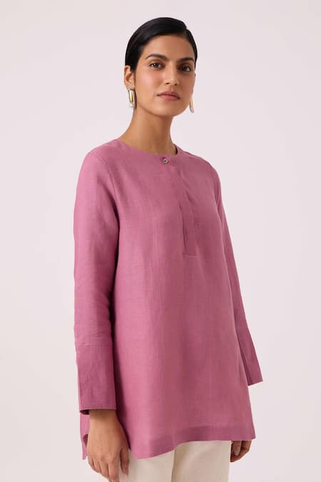 Buy_The Summer House_Purple Linen Round Neck Macondo Lilac Kurta _Online_at_Aza_Fashions