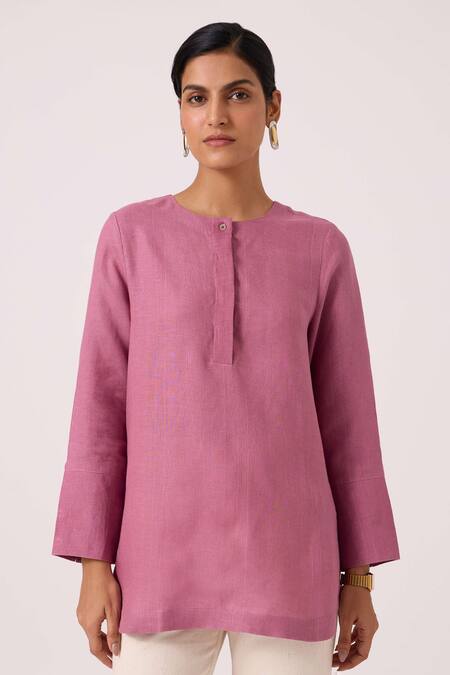 The Summer House_Purple Linen Round Neck Macondo Lilac Kurta _at_Aza_Fashions
