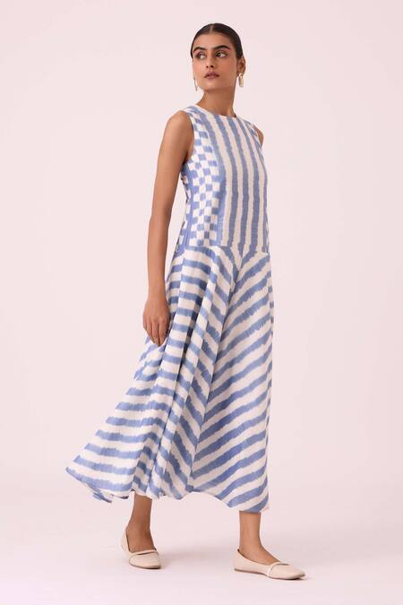 Shop The Summer House Blue Handloom Cotton Round Neck Myshkin Striped Ikat Dress Online at Aza Fashions Shop_The Summer House_Blue Handloom Cotton Round Neck Myshkin Striped Ikat Dress _Online_at_Aza_Fashions
