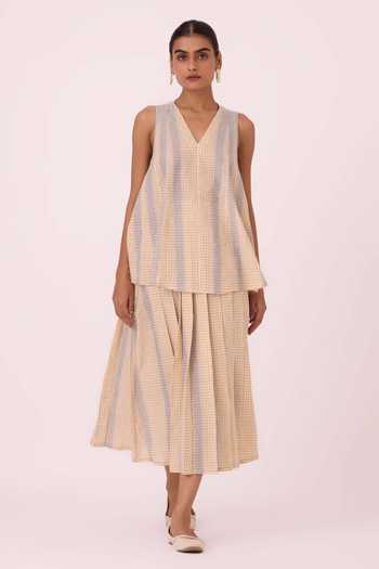 The Summer House Beige Handloom Cotton V-neck Nastasya Handwoven Top at Aza Fashions The Summer House_Beige Handloom Cotton V-neck Nastasya Handwoven Top _at_Aza_Fashions