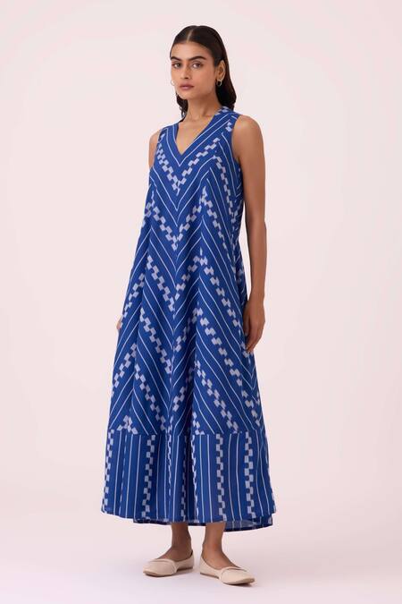 The Summer House_Blue Cotton V-neck Nikol Striped Ikat Dress_Online_at_Aza_Fashions