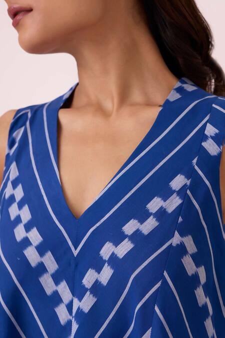 Shop_The Summer House_Blue Cotton V-neck Nikol Striped Ikat Dress_Online_at_Aza_Fashions