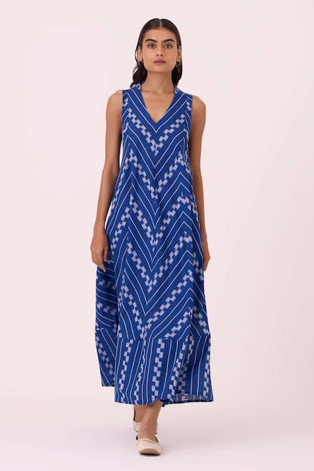 The Summer House Blue Cotton V-neck Nikol Striped Ikat Dress 