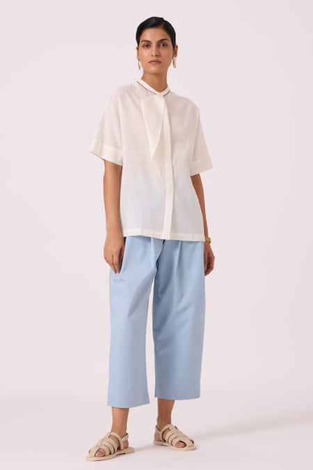 The Summer House_Off White Handloom Cotton Mandarin Collar Noah Handwoven Top _Online_at_Aza_Fashions
