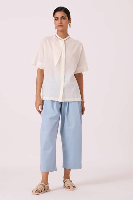 Buy_The Summer House_Off White Handloom Cotton Mandarin Collar Noah Handwoven Top _Online_at_Aza_Fashions