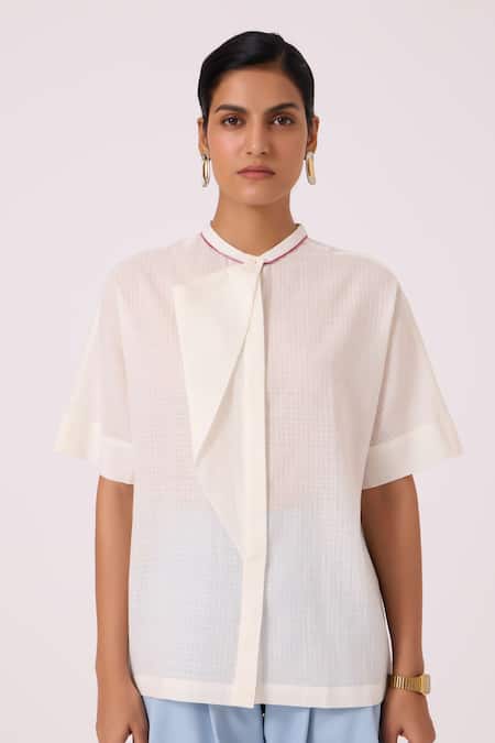 Shop_The Summer House_Off White Handloom Cotton Mandarin Collar Noah Handwoven Top _Online_at_Aza_Fashions