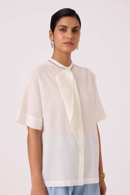 The Summer House_Off White Handloom Cotton Mandarin Collar Noah Handwoven Top _at_Aza_Fashions
