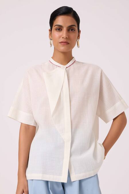 Buy_The Summer House_Off White Handloom Cotton Mandarin Collar Noah Handwoven Top 