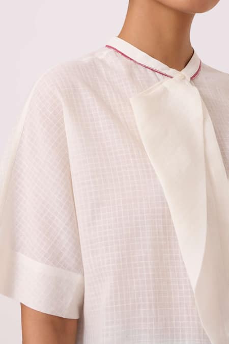 Shop_The Summer House_Off White Handloom Cotton Mandarin Collar Noah Handwoven Top 