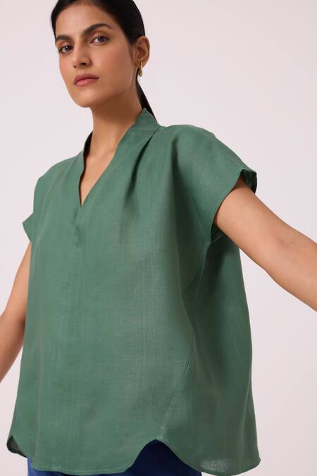 Buy The Summer House Green Linen V-neck Orion Top Online at Aza Fashions Buy_The Summer House_Green Linen V-neck Orion Top _Online_at_Aza_Fashions