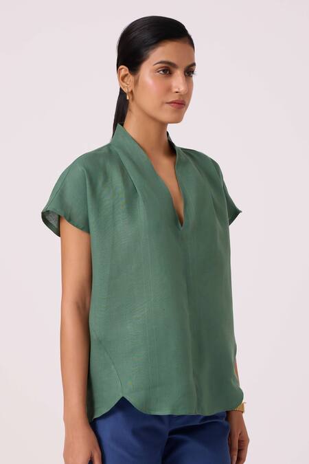 Shop The Summer House Green Linen V-neck Orion Top Online at Aza Fashions Shop_The Summer House_Green Linen V-neck Orion Top _Online_at_Aza_Fashions