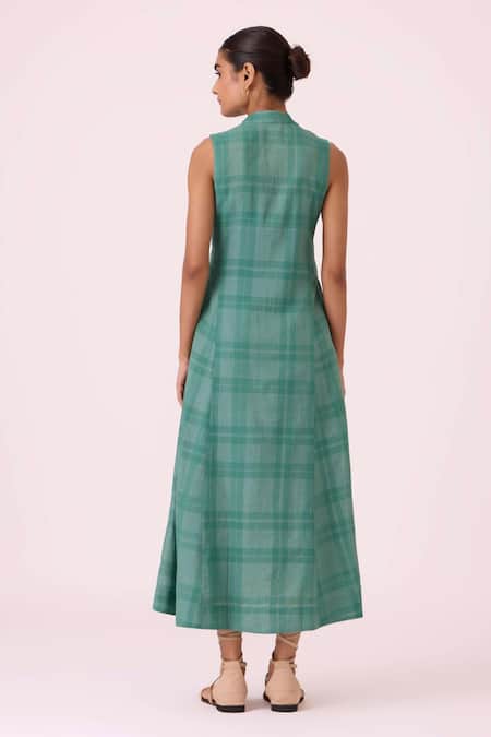 Shop The Summer House Green Cotton, Silk V-neck Orwell Handwoven Dress at Aza Fashions Shop_The Summer House_Green Cotton, Silk V-neck Orwell Handwoven Dress _at_Aza_Fashions