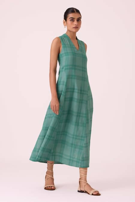 The Summer House Green Cotton, Silk V-neck Orwell Handwoven Dress Online at Aza Fashions The Summer House_Green Cotton, Silk V-neck Orwell Handwoven Dress _Online_at_Aza_Fashions