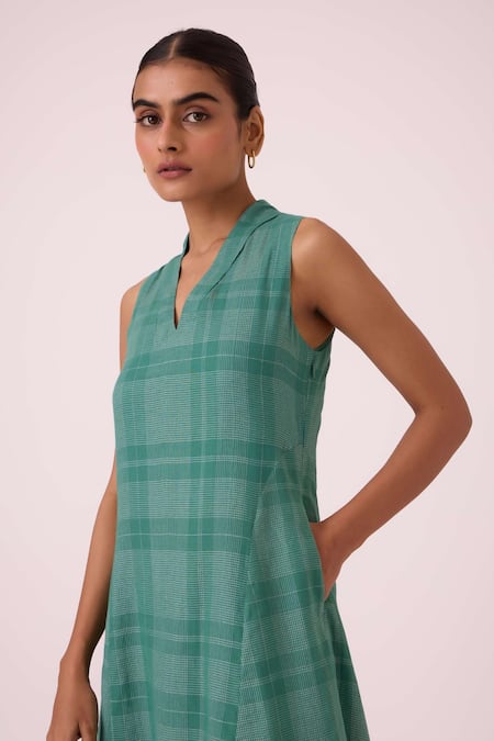 Buy The Summer House Green Cotton, Silk V-neck Orwell Handwoven Dress Online at Aza Fashions Buy_The Summer House_Green Cotton, Silk V-neck Orwell Handwoven Dress _Online_at_Aza_Fashions